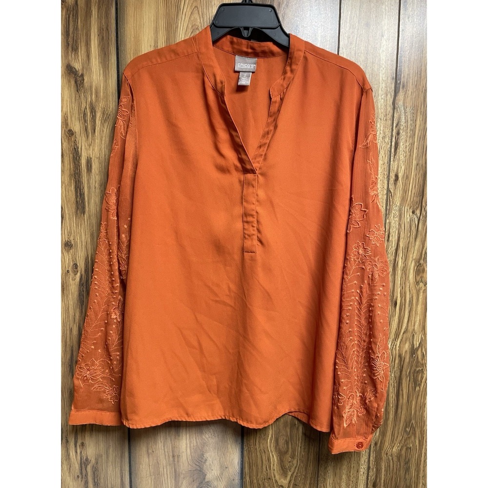 Chico's Blouse Women's Size 2‎ Floral Embroidered Lace Sleeve Top Burnt Orange